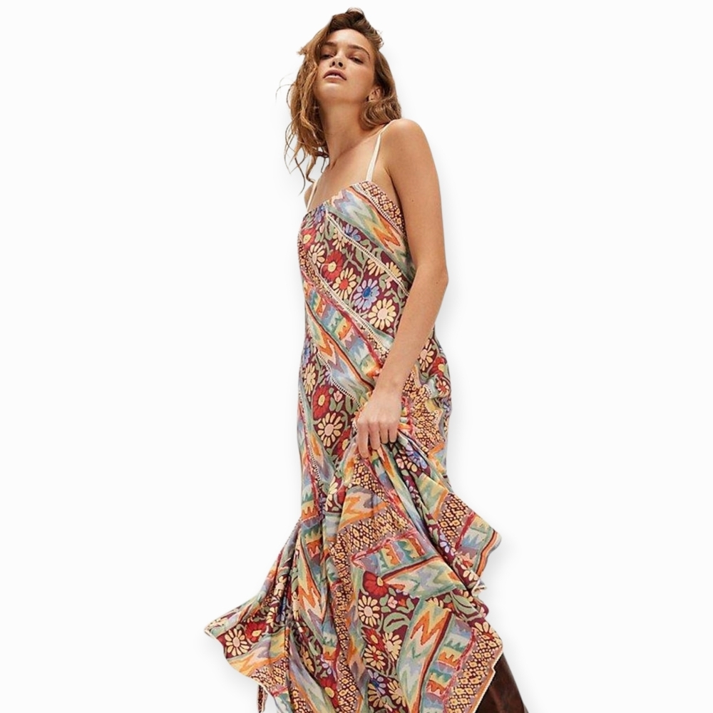 Free People Scenic Route Maxi Dress L Large Floral Boho Handkerchief NWT